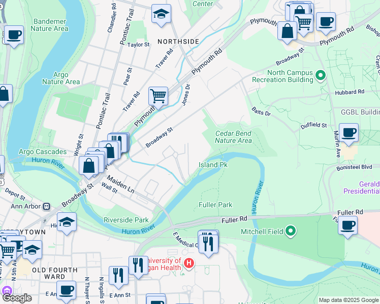 map of restaurants, bars, coffee shops, grocery stores, and more near 1034 Island Drive Court in Ann Arbor