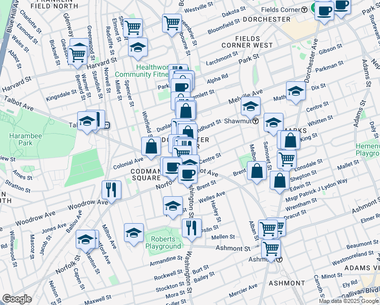 map of restaurants, bars, coffee shops, grocery stores, and more near 580-592 Washington Street in Boston