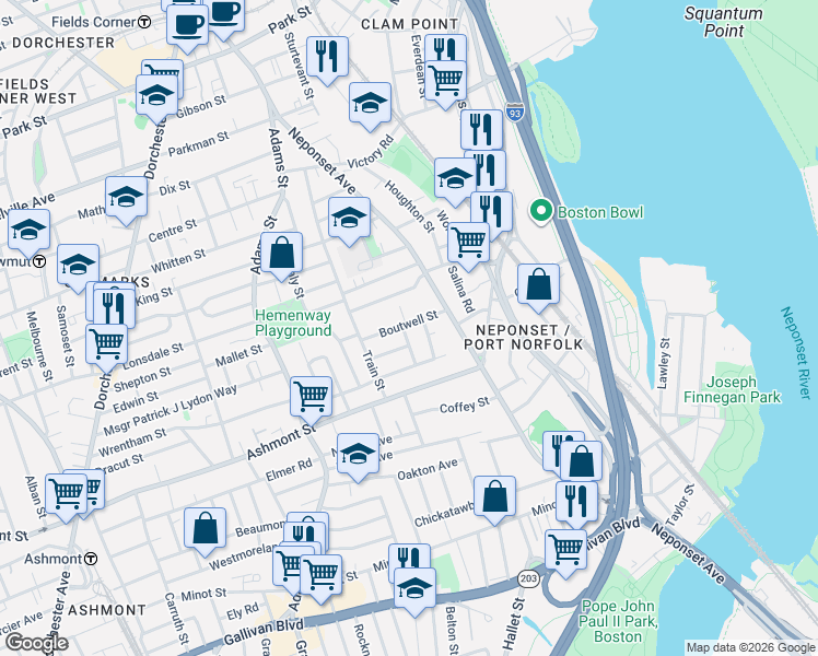 map of restaurants, bars, coffee shops, grocery stores, and more near 40 Boutwell Street in Boston