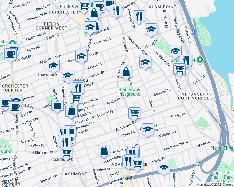 map of restaurants, bars, coffee shops, grocery stores, and more near 107 Lonsdale Street in Boston