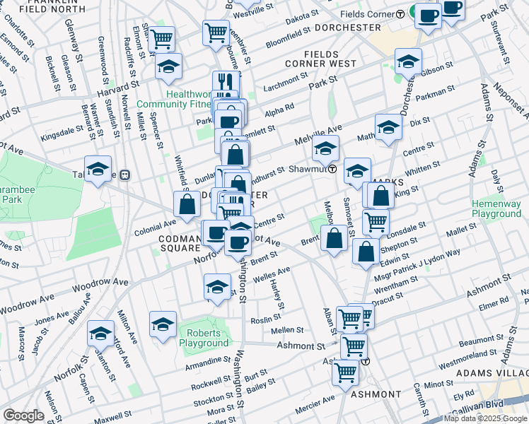 map of restaurants, bars, coffee shops, grocery stores, and more near 38 Centre Street in Boston