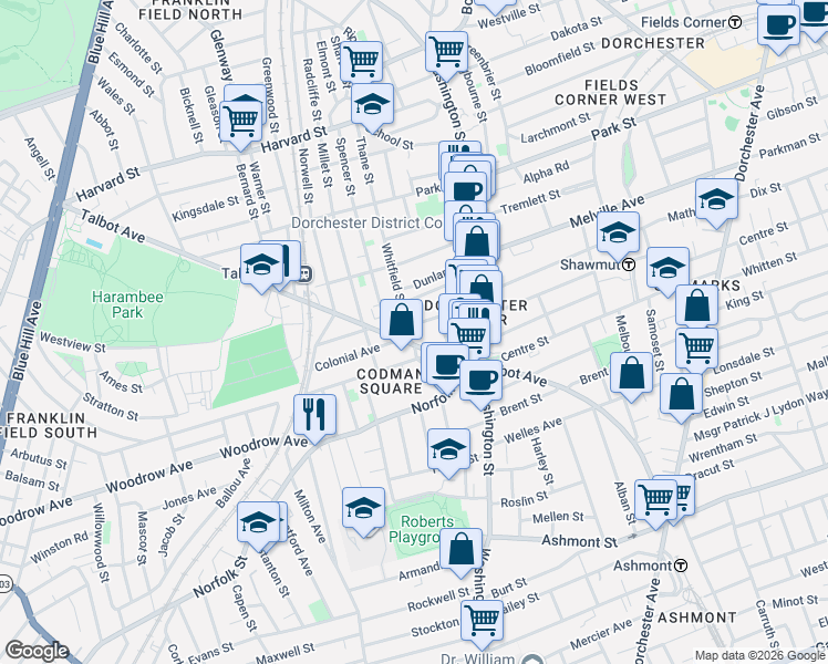 map of restaurants, bars, coffee shops, grocery stores, and more near 290 Talbot Avenue in Boston