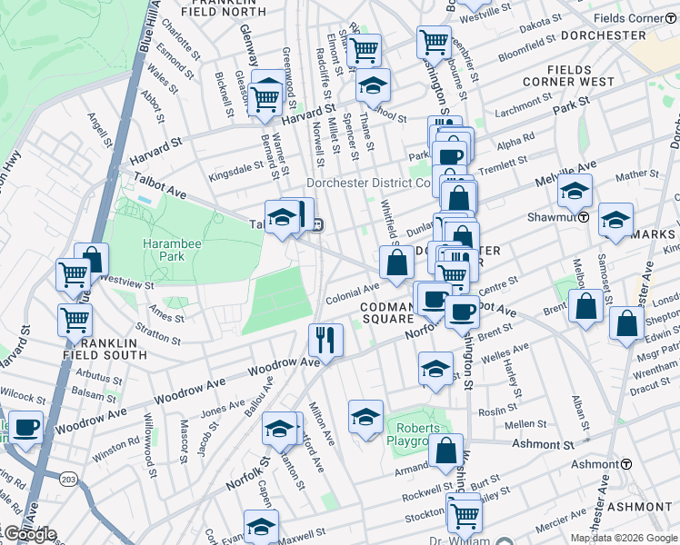 map of restaurants, bars, coffee shops, grocery stores, and more near 18-20 New England Avenue in Boston
