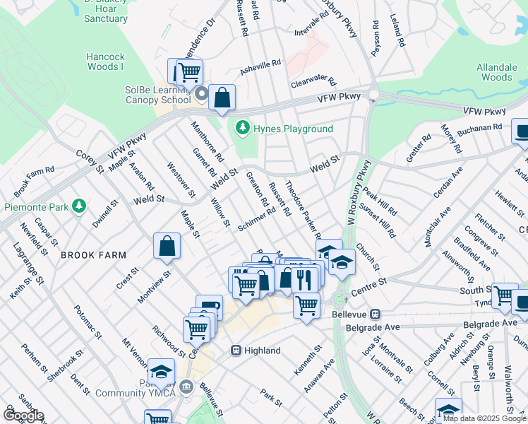 map of restaurants, bars, coffee shops, grocery stores, and more near 111 Manthorne Road in Boston