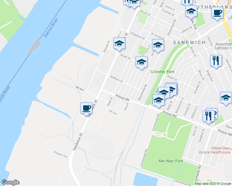 map of restaurants, bars, coffee shops, grocery stores, and more near 411 Prince Road in Windsor