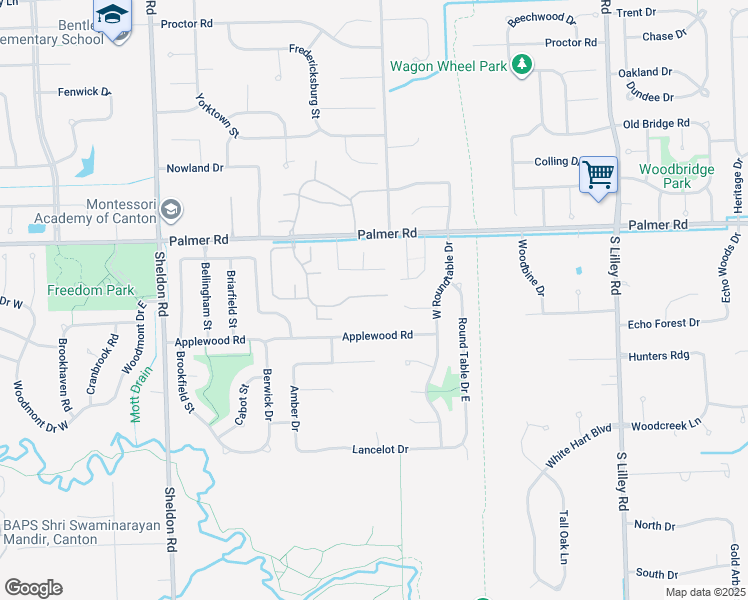 map of restaurants, bars, coffee shops, grocery stores, and more near 43419 Arbor Way West in Canton