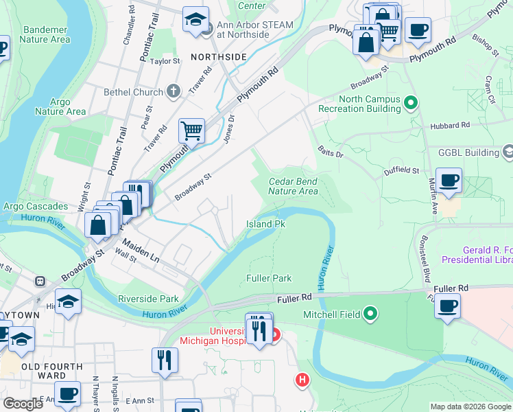 map of restaurants, bars, coffee shops, grocery stores, and more near 1257 Island Drive in Ann Arbor