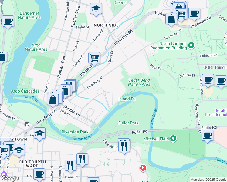 map of restaurants, bars, coffee shops, grocery stores, and more near 1034 Island Drive Court in Ann Arbor