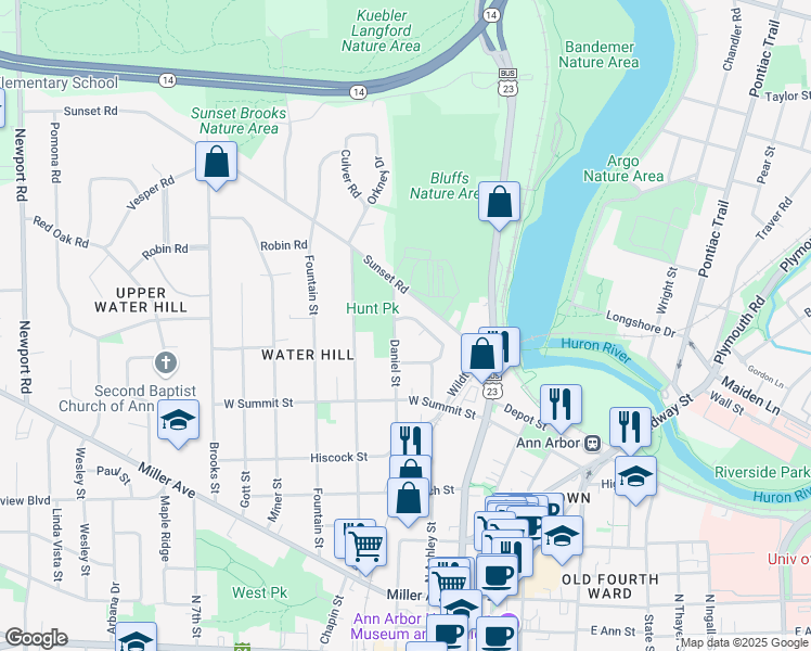 map of restaurants, bars, coffee shops, grocery stores, and more near 912 Daniel Street in Ann Arbor