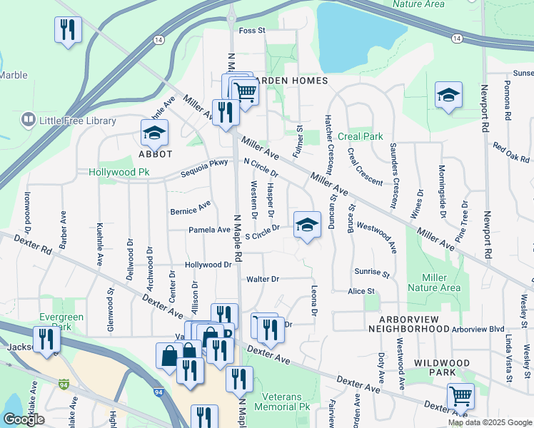 map of restaurants, bars, coffee shops, grocery stores, and more near 1024 Western Drive in Ann Arbor