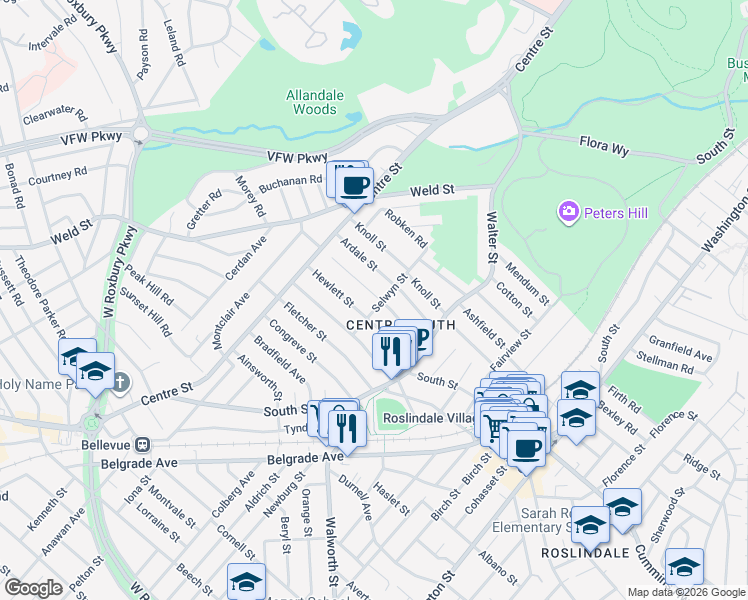 map of restaurants, bars, coffee shops, grocery stores, and more near 67 Hewlett Street in Boston