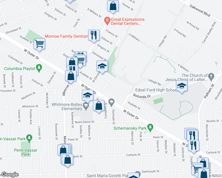 map of restaurants, bars, coffee shops, grocery stores, and more near 21222 Audette Street in Dearborn