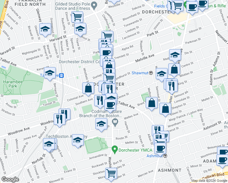 map of restaurants, bars, coffee shops, grocery stores, and more near 47 Moultrie Street in Boston