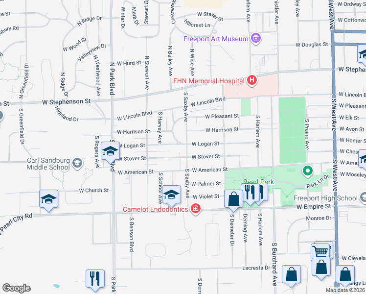 map of restaurants, bars, coffee shops, grocery stores, and more near 1274 West Stover Street in Freeport