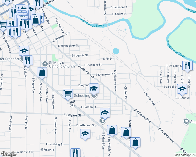 map of restaurants, bars, coffee shops, grocery stores, and more near 859 South Adams Avenue in Freeport