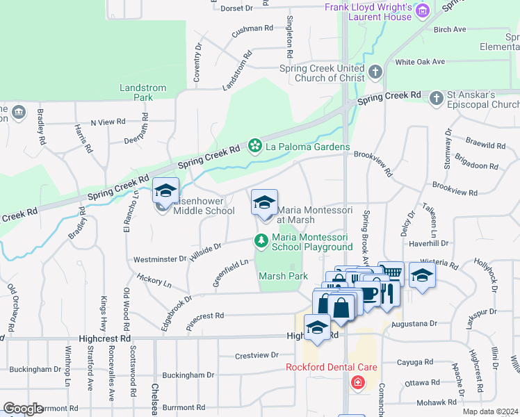 map of restaurants, bars, coffee shops, grocery stores, and more near 2021 Hawthorne Drive in Rockford