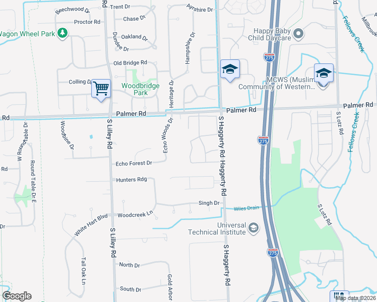 map of restaurants, bars, coffee shops, grocery stores, and more near 41848 White Tail Lane in Canton