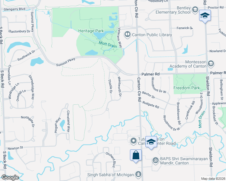 map of restaurants, bars, coffee shops, grocery stores, and more near 1693 Thistle Drive in Canton