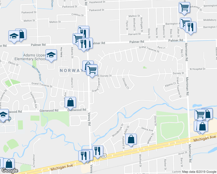 map of restaurants, bars, coffee shops, grocery stores, and more near 32626 Montcalm Street in Westland
