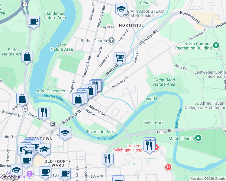map of restaurants, bars, coffee shops, grocery stores, and more near 1300 Broadway Street in Ann Arbor