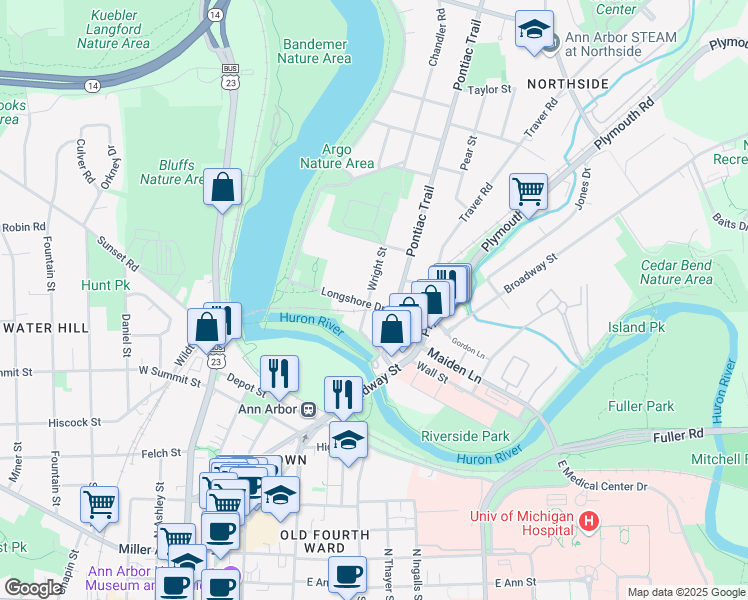 map of restaurants, bars, coffee shops, grocery stores, and more near 603 Longshore Drive in Ann Arbor