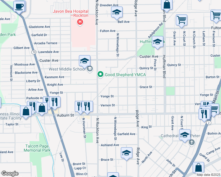 map of restaurants, bars, coffee shops, grocery stores, and more near 2318 Grace Street in Rockford