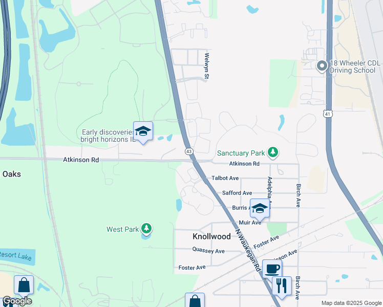 map of restaurants, bars, coffee shops, grocery stores, and more near Waukegan Road in Lake Bluff