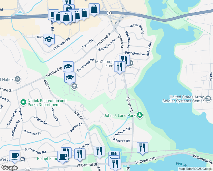 map of restaurants, bars, coffee shops, grocery stores, and more near 21 Fairway Circle in Natick