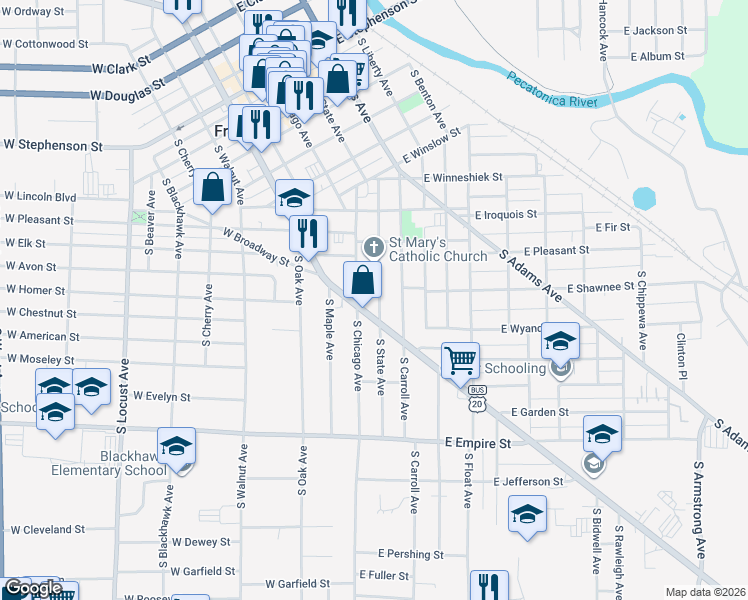 map of restaurants, bars, coffee shops, grocery stores, and more near 917 South Galena Avenue in Freeport