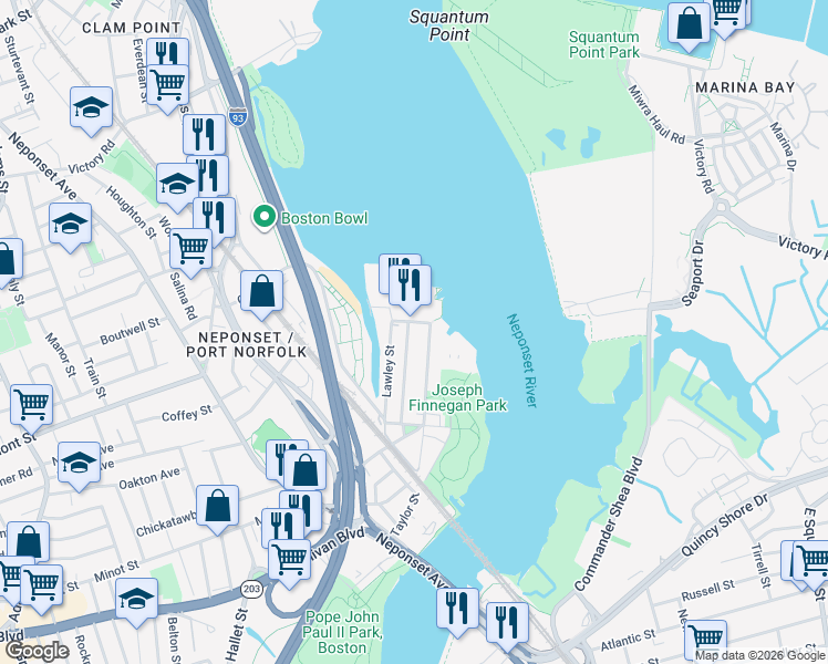 map of restaurants, bars, coffee shops, grocery stores, and more near 182 Walnut Street in Boston