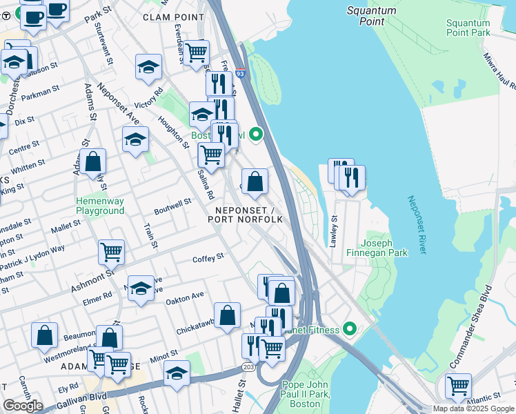 map of restaurants, bars, coffee shops, grocery stores, and more near 20 Norwood Street in Boston
