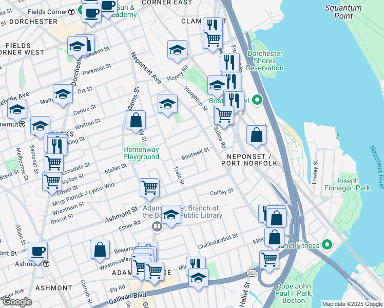 map of restaurants, bars, coffee shops, grocery stores, and more near 40 Boutwell Street in Boston