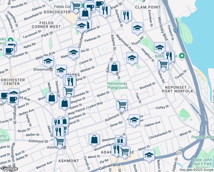 map of restaurants, bars, coffee shops, grocery stores, and more near 107 Lonsdale Street in Boston