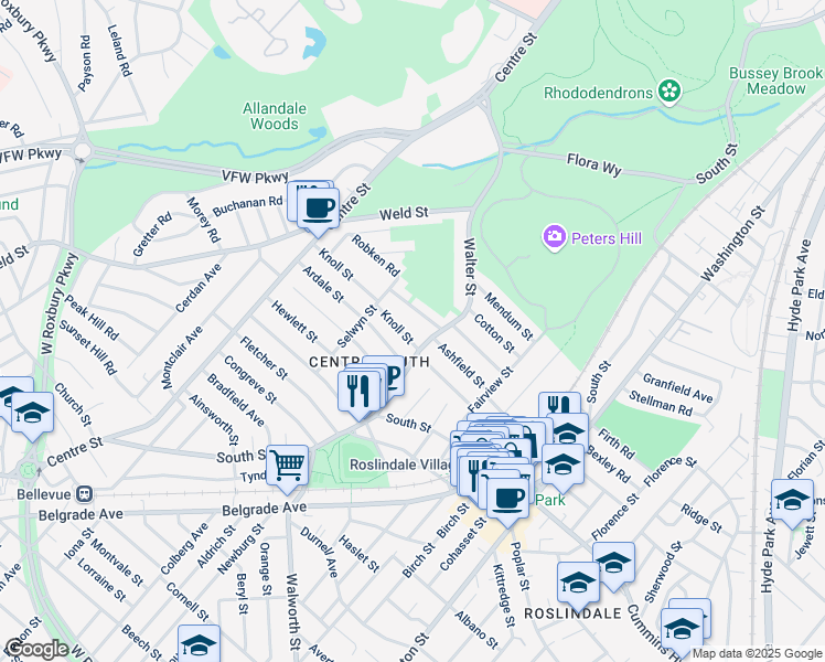 map of restaurants, bars, coffee shops, grocery stores, and more near 10 Knoll Street in Boston