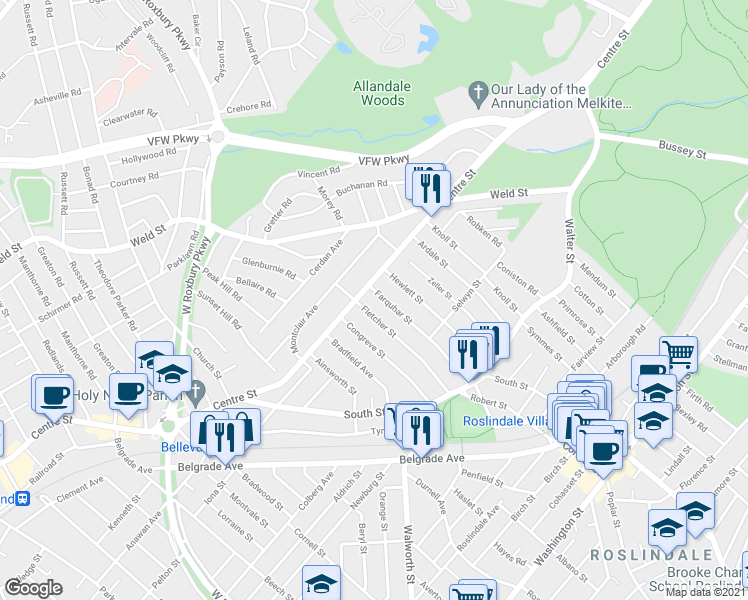 map of restaurants, bars, coffee shops, grocery stores, and more near 97 Fletcher Street in Boston