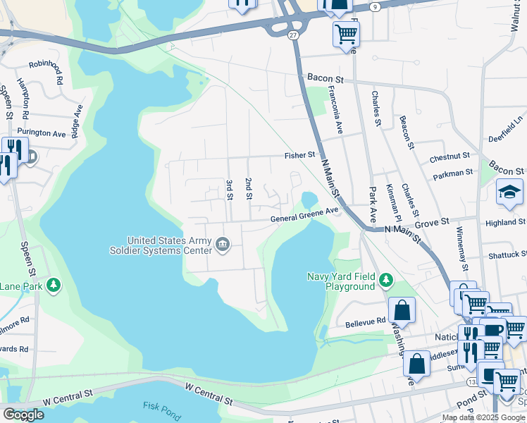 map of restaurants, bars, coffee shops, grocery stores, and more near 5 Lakeview Gardens in Natick