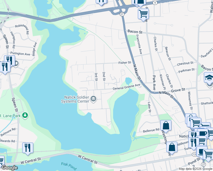 map of restaurants, bars, coffee shops, grocery stores, and more near 2 2nd Street in Natick