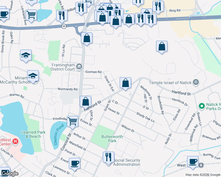 map of restaurants, bars, coffee shops, grocery stores, and more near 8 Grant Street Extension in Framingham