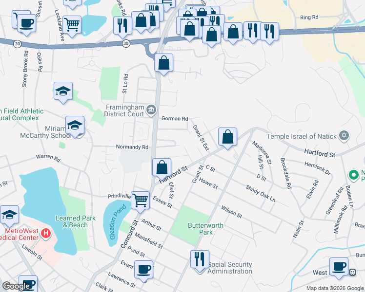 map of restaurants, bars, coffee shops, grocery stores, and more near 35 Thelma Road in Framingham