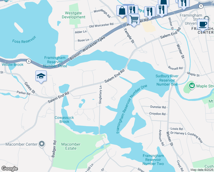 map of restaurants, bars, coffee shops, grocery stores, and more near 30 Singletary Lane in Framingham