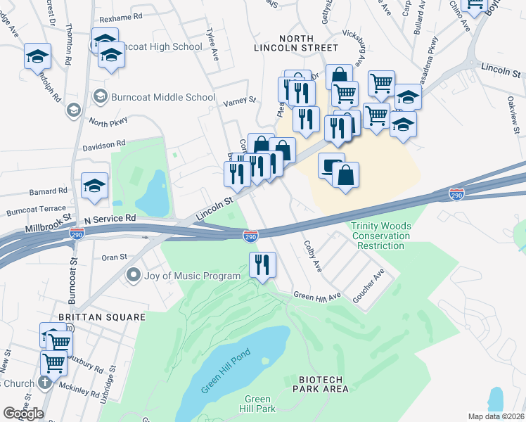 map of restaurants, bars, coffee shops, grocery stores, and more near 12 Marsh Avenue in Worcester