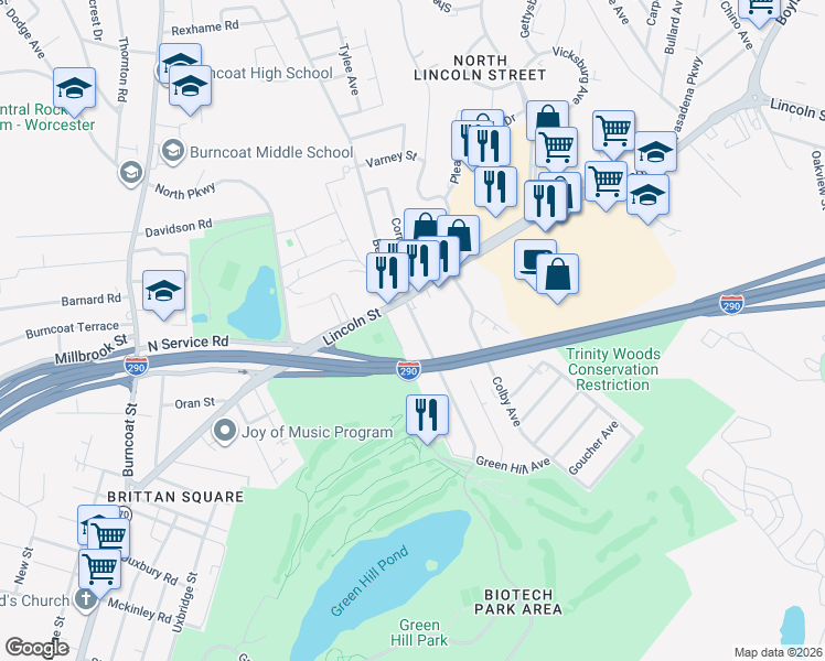 map of restaurants, bars, coffee shops, grocery stores, and more near 12 Marsh Avenue in Worcester