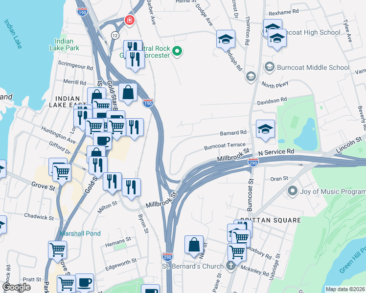 map of restaurants, bars, coffee shops, grocery stores, and more near 66 Burncoat Terrace in Worcester
