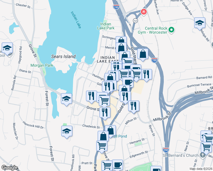 map of restaurants, bars, coffee shops, grocery stores, and more near 8 Gifford Drive in Worcester