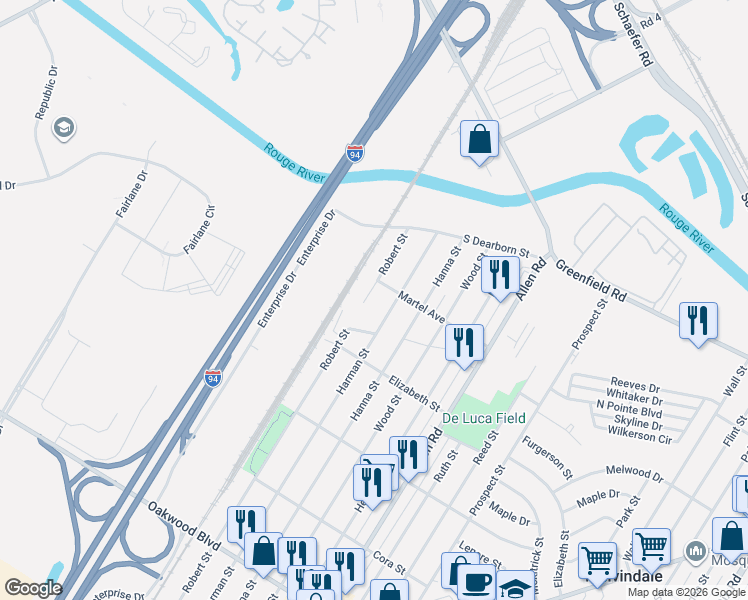 map of restaurants, bars, coffee shops, grocery stores, and more near 17339 Harman Street in Melvindale