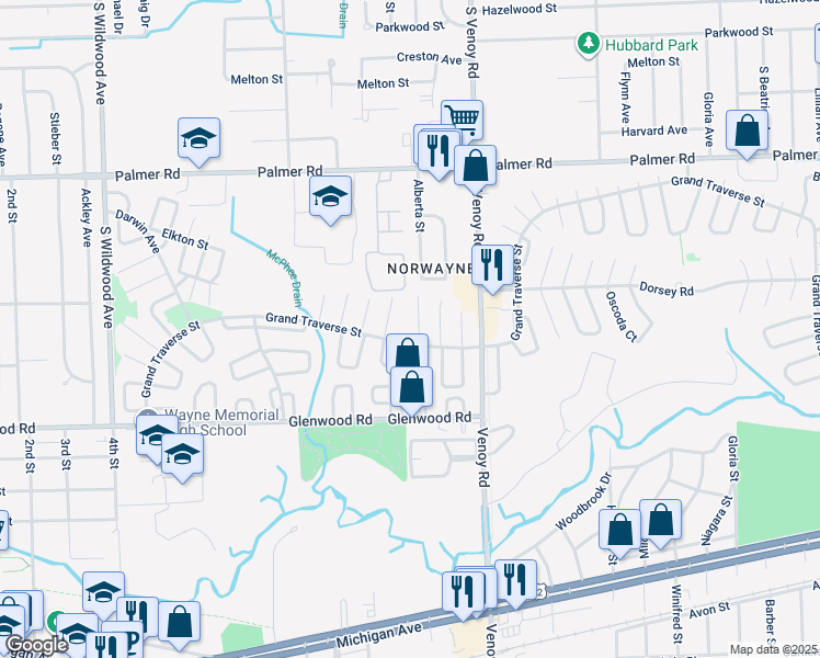 map of restaurants, bars, coffee shops, grocery stores, and more near 33200 Grand Traverse Street in Westland