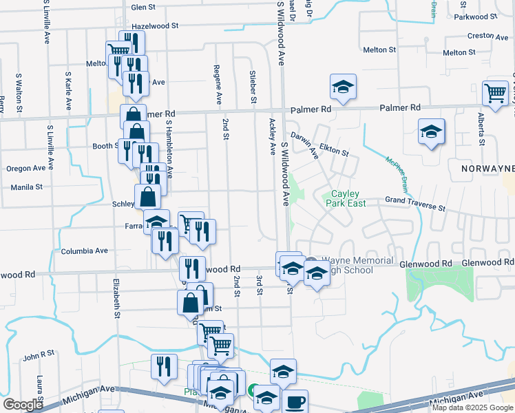 map of restaurants, bars, coffee shops, grocery stores, and more near 2446 Stieber Street in Westland