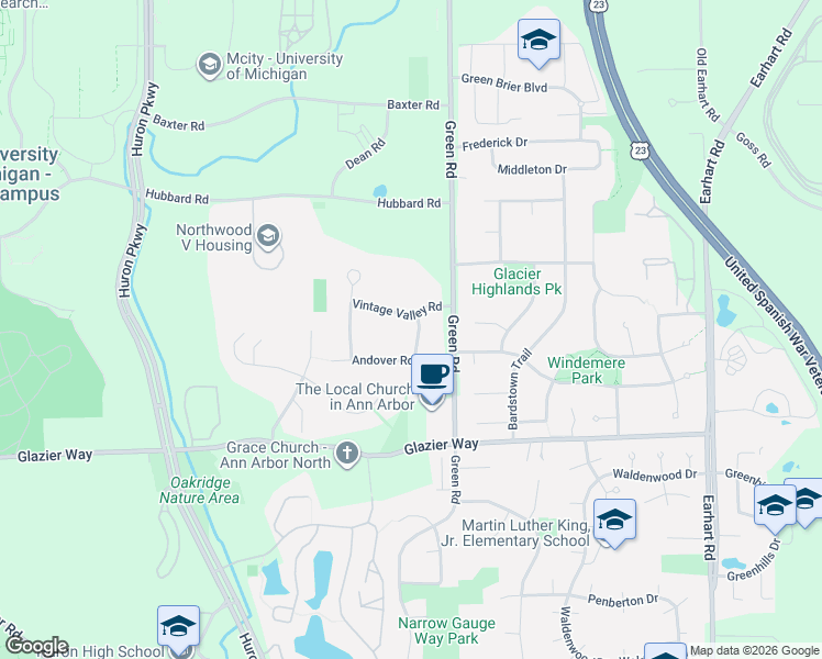 map of restaurants, bars, coffee shops, grocery stores, and more near 1325 Pepper Pike Street in Ann Arbor