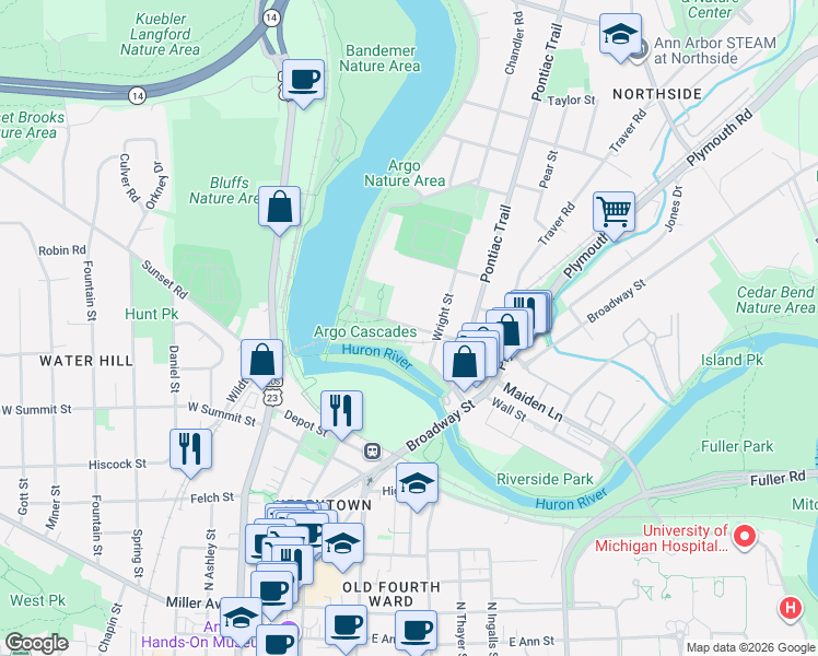 map of restaurants, bars, coffee shops, grocery stores, and more near 412 Longshore Drive in Ann Arbor