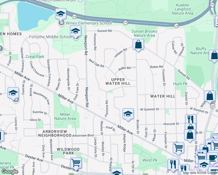 map of restaurants, bars, coffee shops, grocery stores, and more near 1000 Pomona Road in Ann Arbor